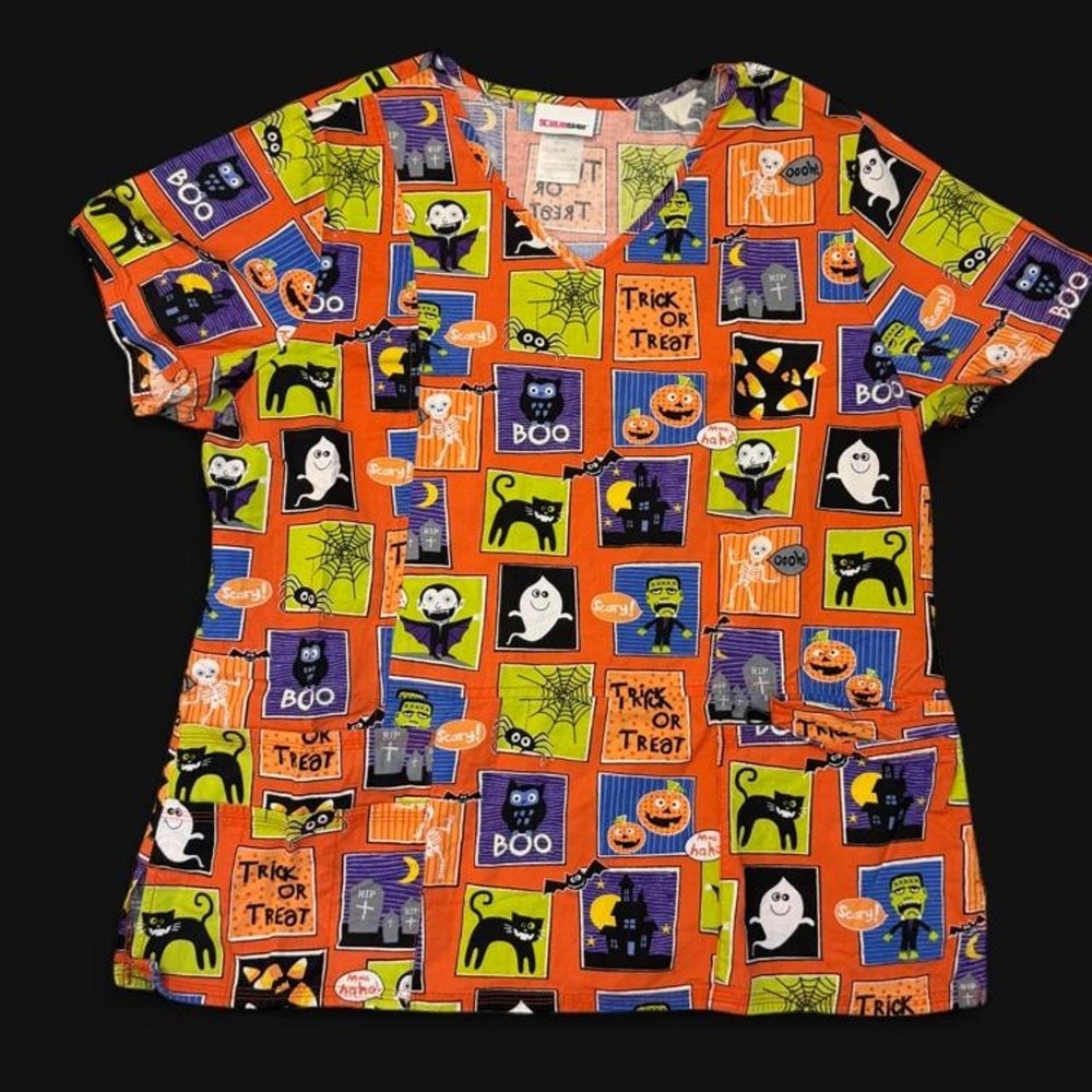 Scrubstar Halloween Scrub Top Women Large Orange Trick Or Treat Monsters Ghosts